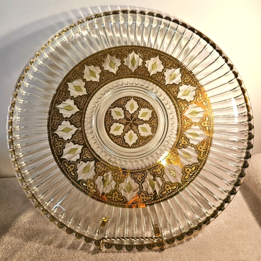 Culver Glass Valencia 15” Round Serving Tray Platter Gold Green Vtg MCM signed